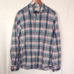 J Crew Slim Fit Cotton Navy Pink Plaid Long Sleeve Button Up Size Large
